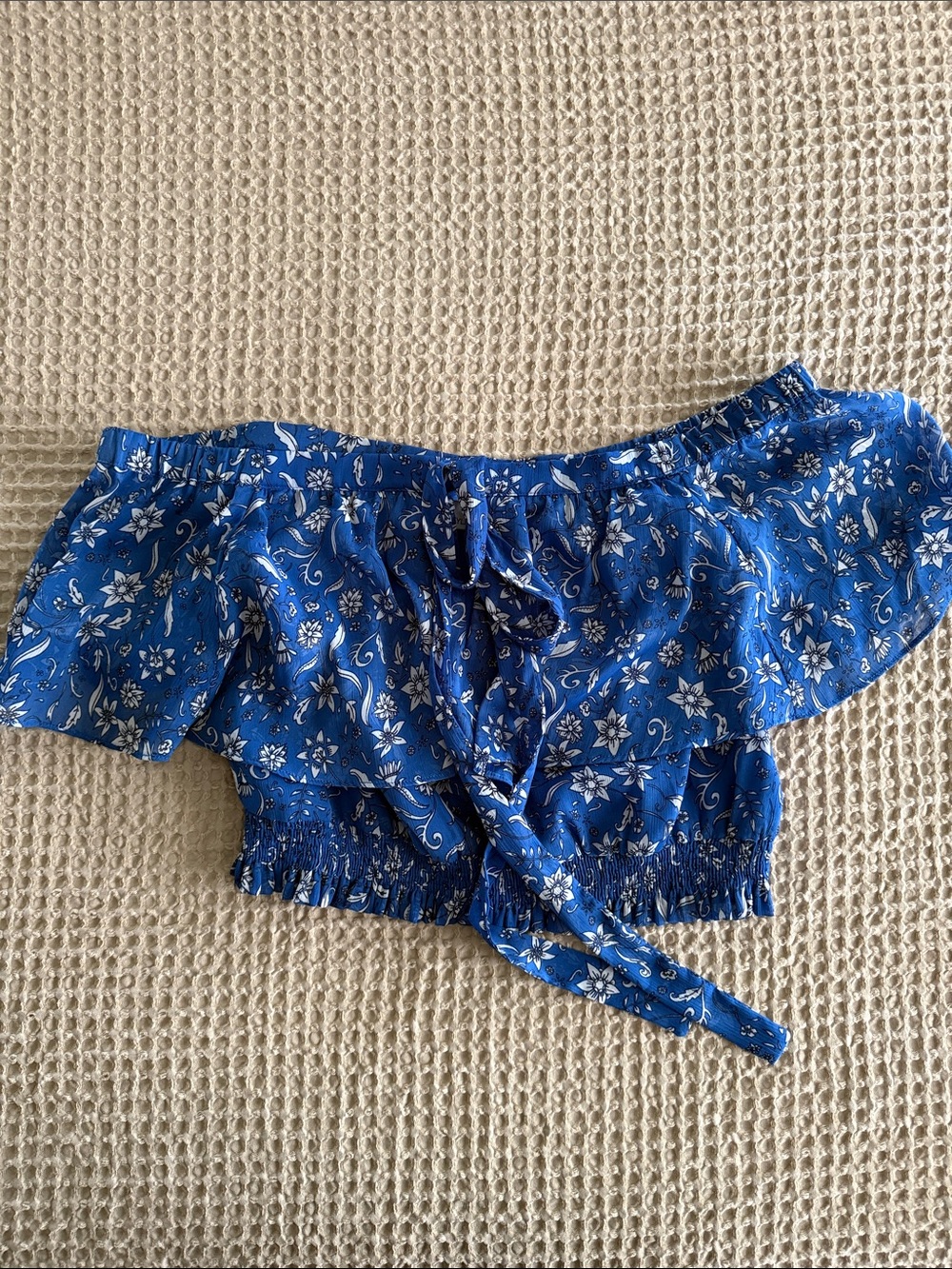 Blue Floral Off-Shoulder Crop Top